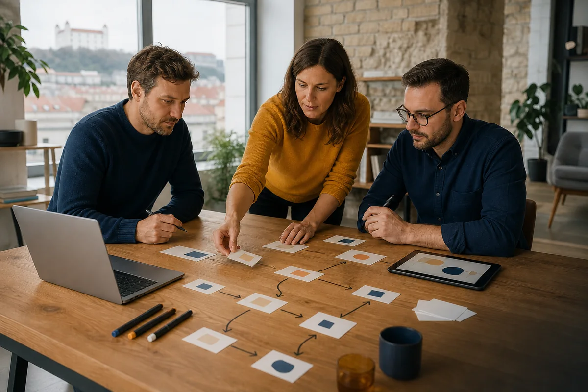 AI-generated illustrative image: a Slovak SME team mapping connected priorities for a digitalisation project