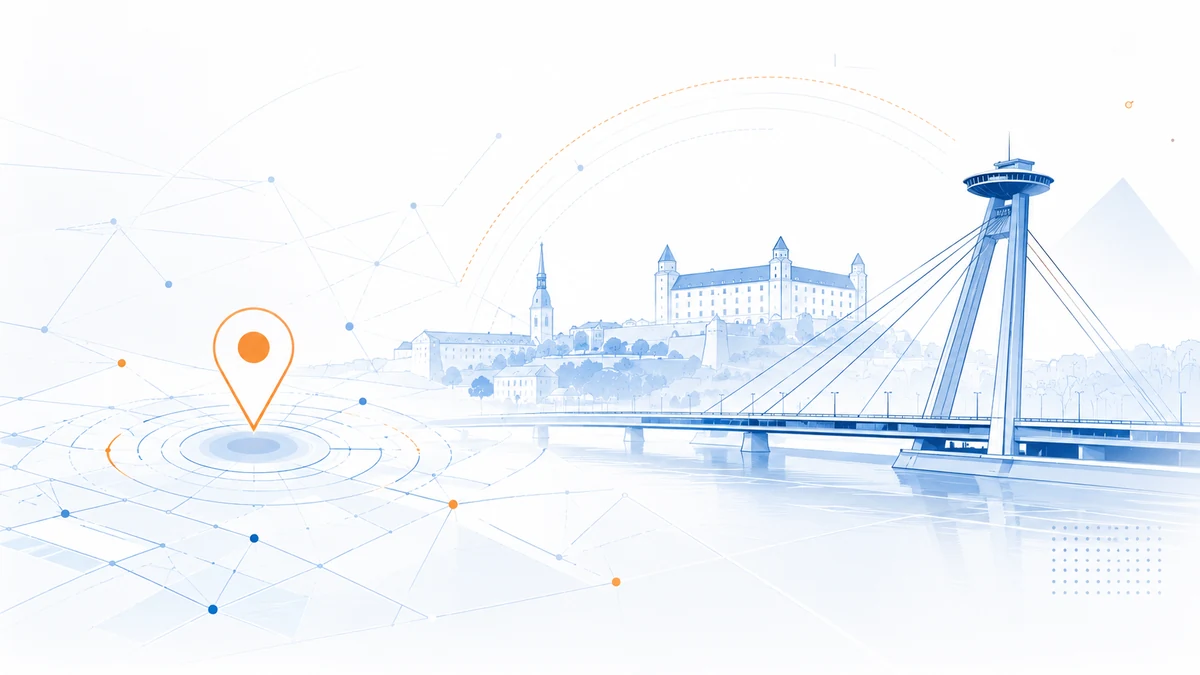 Štylizovaná mapa Bratislavy s označením sídla spoločnosti