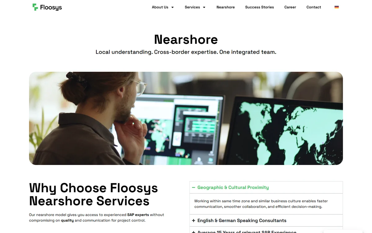 Screenshot of the Floosys nearshore page showing its cross-border delivery proposition