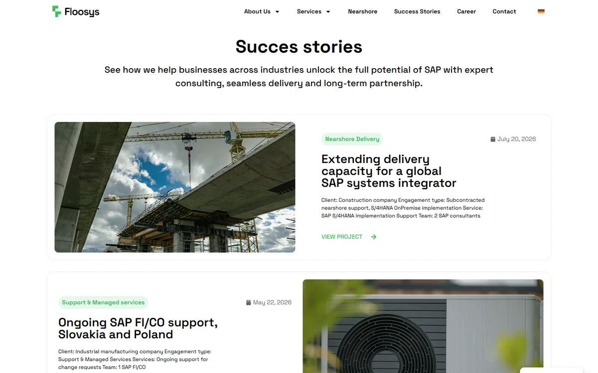 Screenshot of the Floosys success stories page with examples of nearshore and managed-service projects
